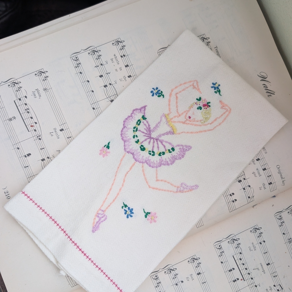 Vintage Embroidered Ballerina Hand Towel